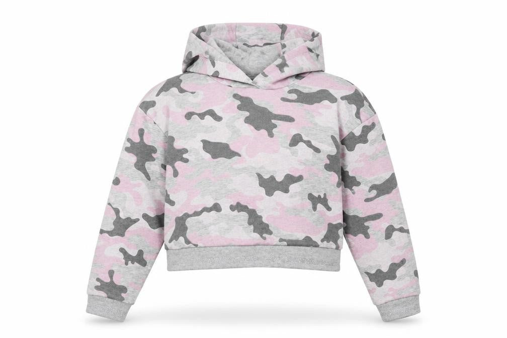 Front view of Pep&Co girls’ grey camouflage pullover hoodie, size 9-10, years