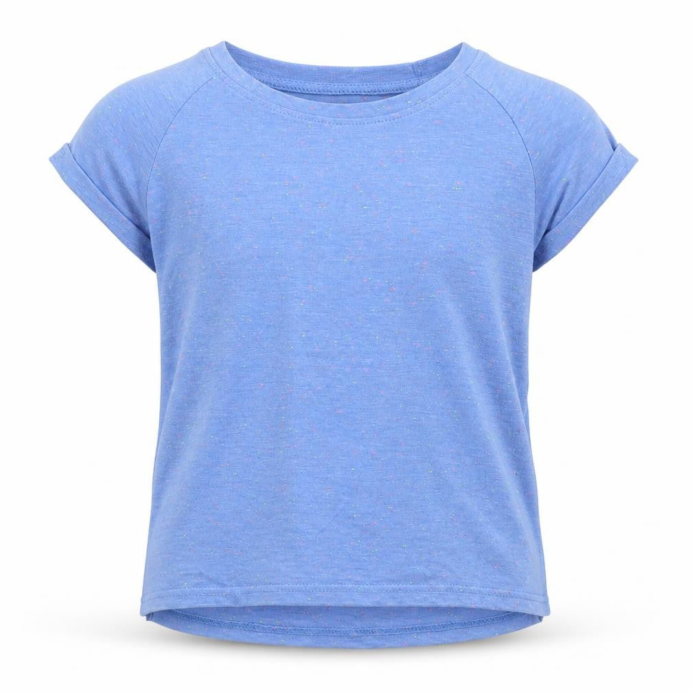 Front view of Young Dimension girls’ blue basic t-shirt, size 7-8, years