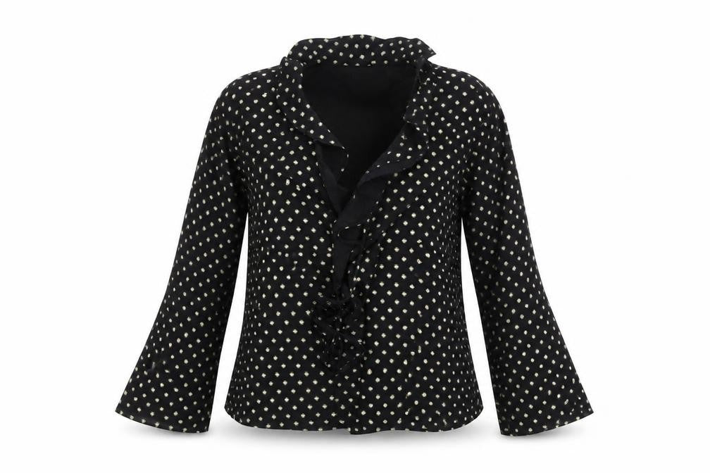 Front view of glamarous women’s black polka dot basic blouse, size UK 14