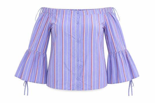 Front view of Atmosphere women’s blue striped basic blouse, size UK 10