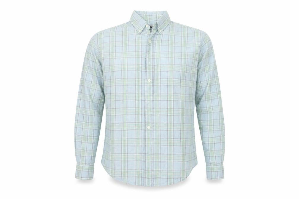 Front view of St Michael men’s green check button-up, size M