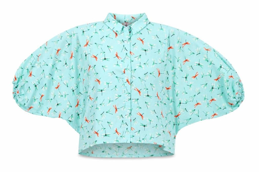 Front view of Boohoo women’s blue animal print cropped button-up, size UK 10