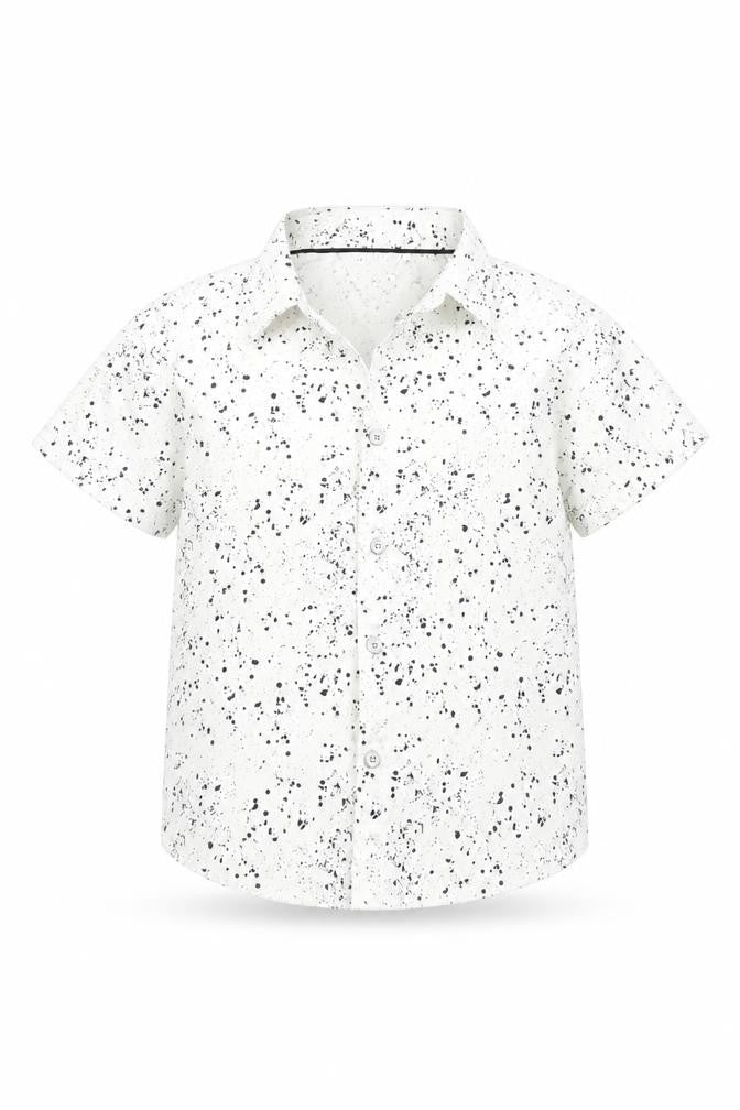 Front view of Primark boys’ white polka dot basic button-up, size 4, years