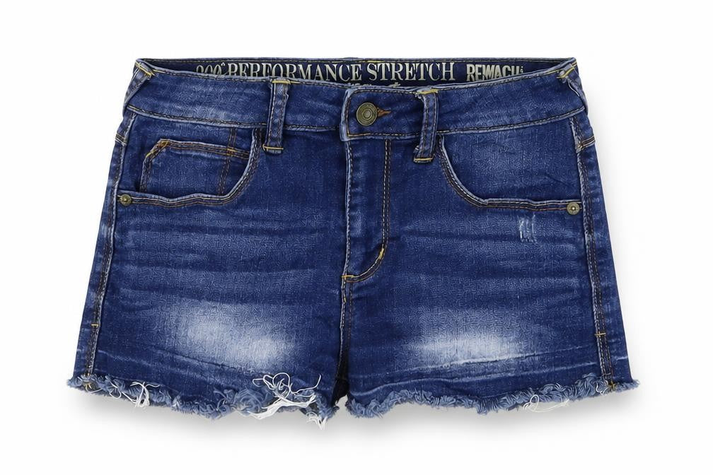 Front view of Rewash women’s blue hot pants shorts, size UK 6