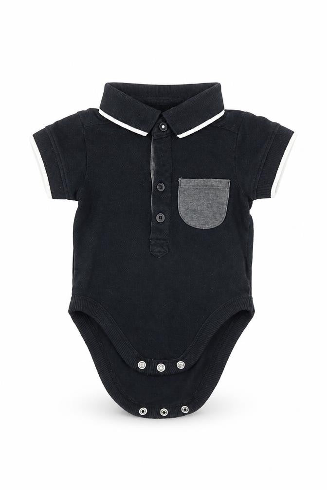 Front view of George boys’ black romper one-piece, size 3-6, months