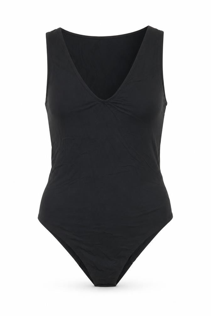 Front view of Preworn women’s black bodysuit, size S