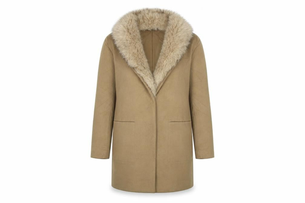 Front view of Atmosphere women’s beige overcoat coat, size UK 6, - fur collar