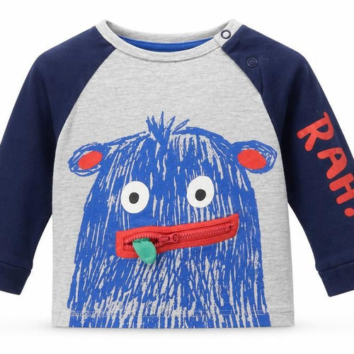 F&F Boys Grey   Basic T-Shirt Size 6-9 Months  - monster zip mouth