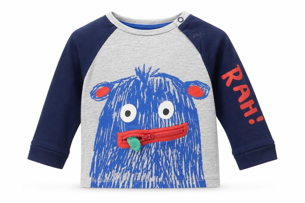 F&F Boys Grey   Basic T-Shirt Size 6-9 Months  - monster zip mouth