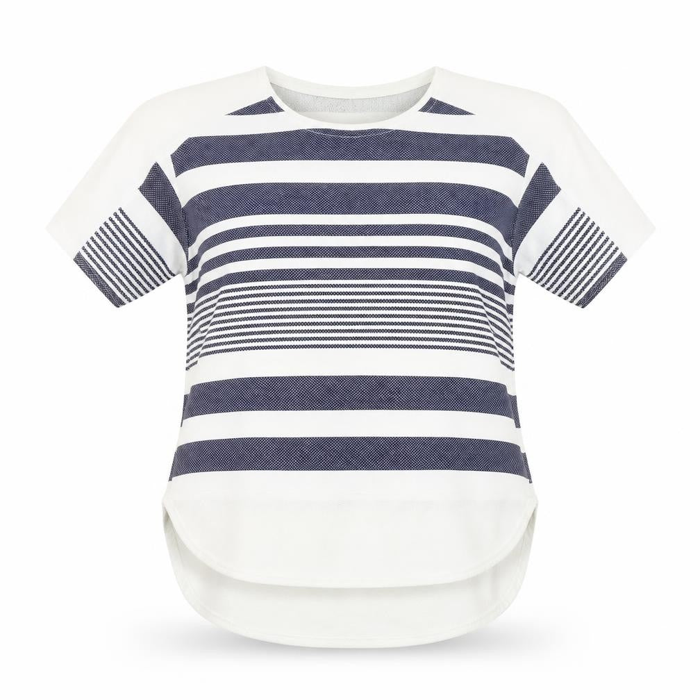 Front view of Quiz women’s white striped basic blouse, size UK 10