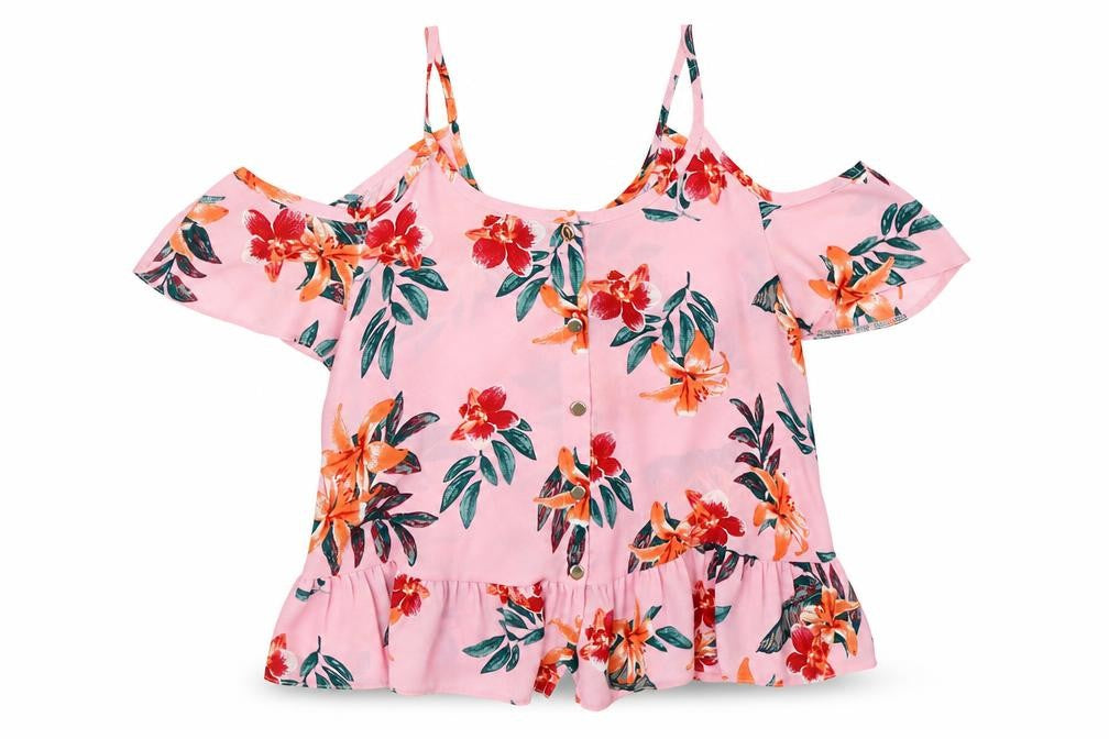 Front view of Atmosphere women’s pink floral basic blouse, size UK 4, - open shoulder