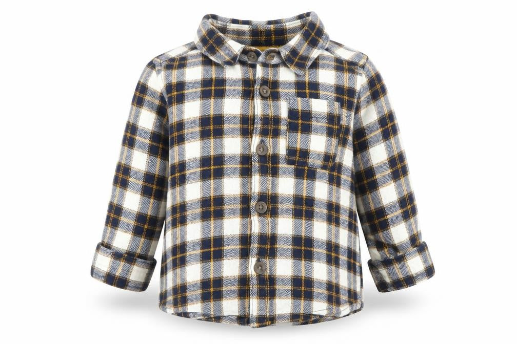 Front view of Primark boys’ multicoloured check basic button-up, size 3-6, months