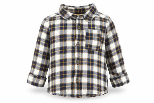 Front view of Primark boys’ multicoloured check basic button-up, size 3-6, months