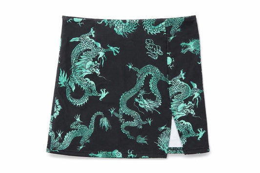 Front view of SHEIN women’s black animal print wrap skirt, size S, - dragon