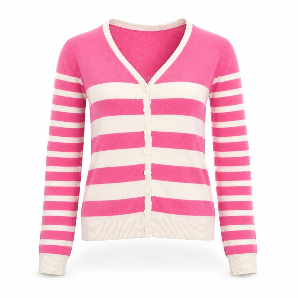Front view of H&M women’s pink striped cardigan jumper, size UK 4