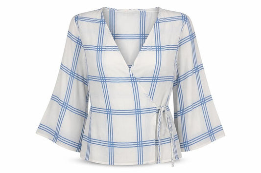 Front view of Miss Selfridge women’s white check wrap blouse, size UK 6, - blue