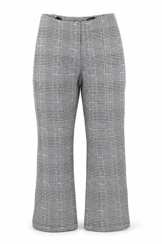 Front view of H&M women’s black plaid trousers, size S, 24-inch leg