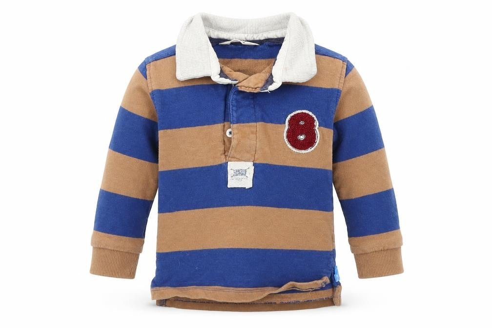 Front view of M&Co boys’ blue striped basic polo, size 9-12, months