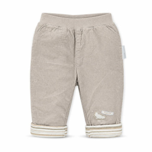 Front view of Nursery Time Baby Grey Corduroy Track Pants Trousers, size 3-6, Months