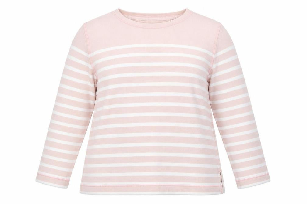 Front view of Marks & Spencer women’s pink striped jumper, size UK 16