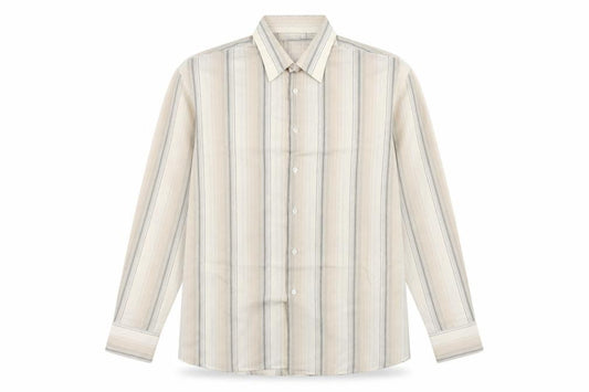 Front view of trend men’s brown striped button-up, size M