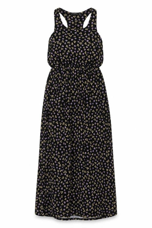 Front view of Boohoo women’s black floral a-line, size UK 4