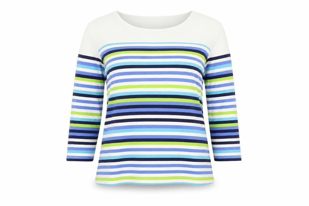 Front view of fabrigio women’s blue striped jumper, size UK 16