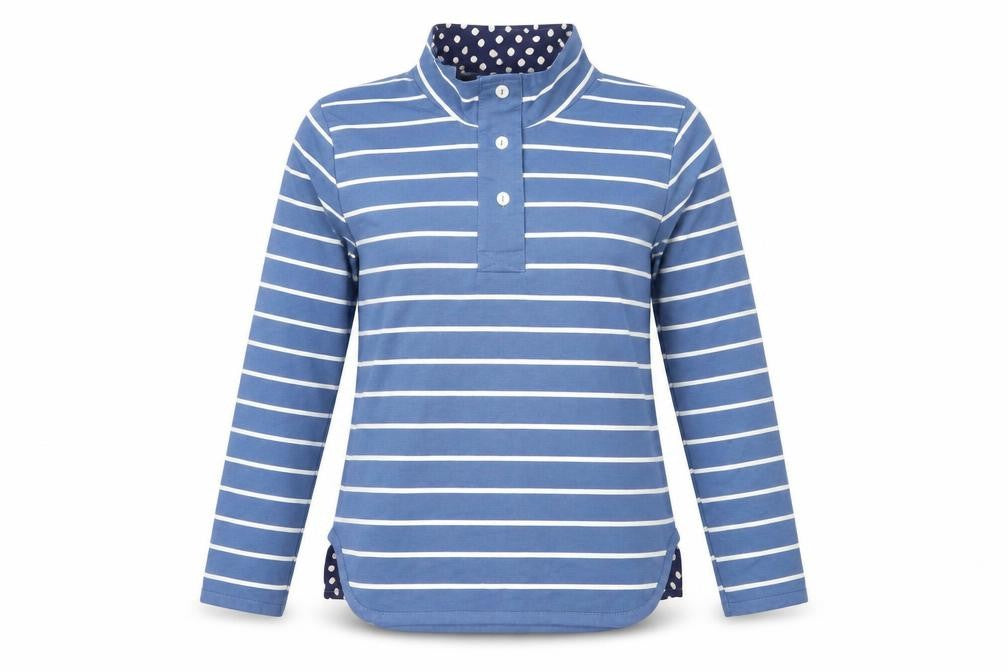 Front view of Tru women’s blue striped jumper, size S