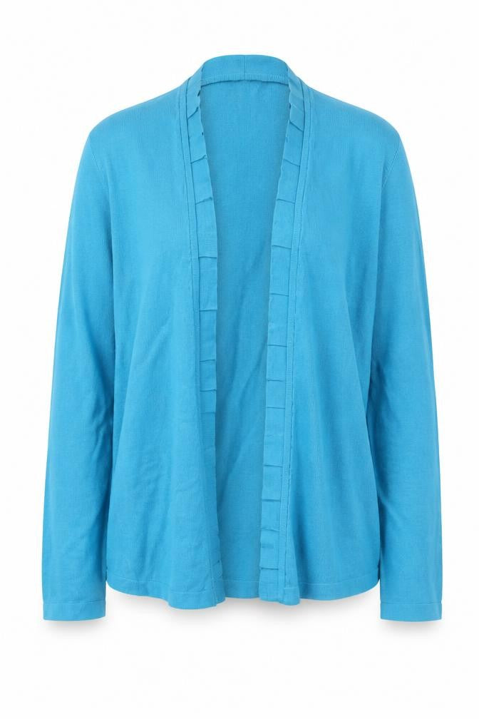 Front view of Minuet women’s blue cardigan jumper, size UK 8