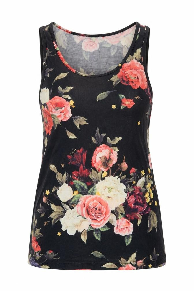 Front view of LDN DNM women’s black floral basic tank, size XS
