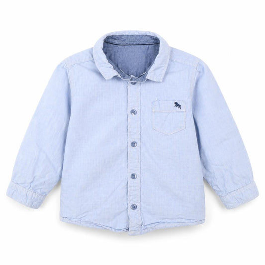 Front view of H&M boys’ blue basic button-up, size 12, months