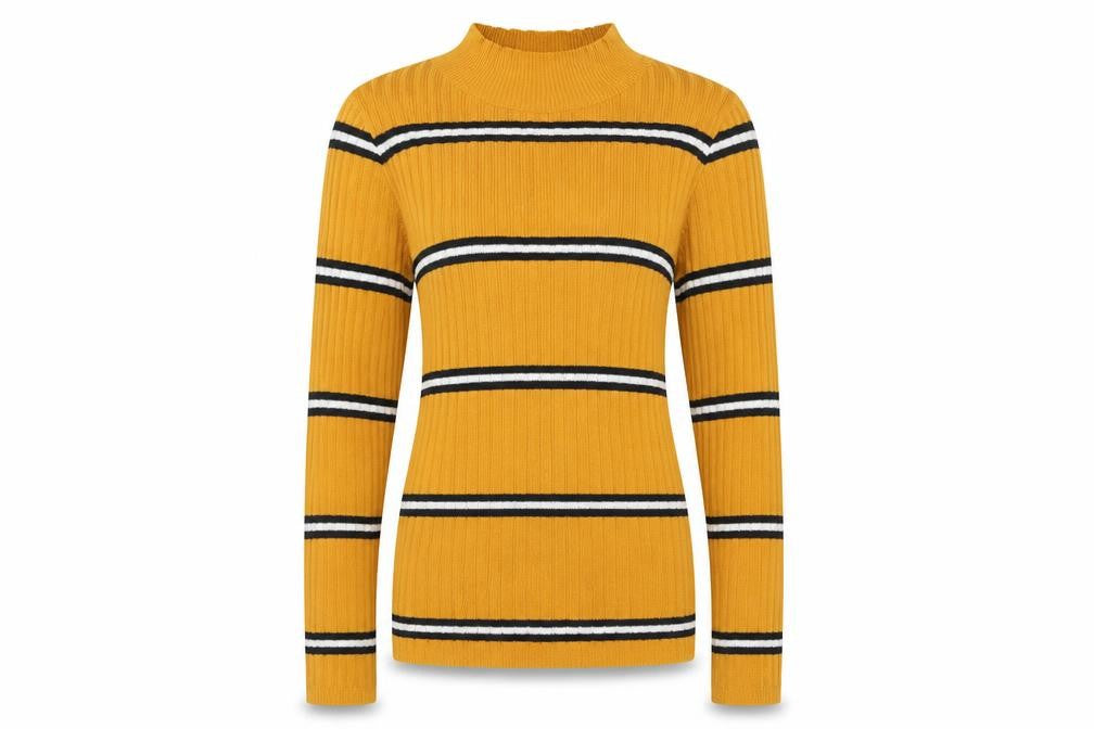 Front view of Primark women’s yellow striped pullover sweatshirt, size S