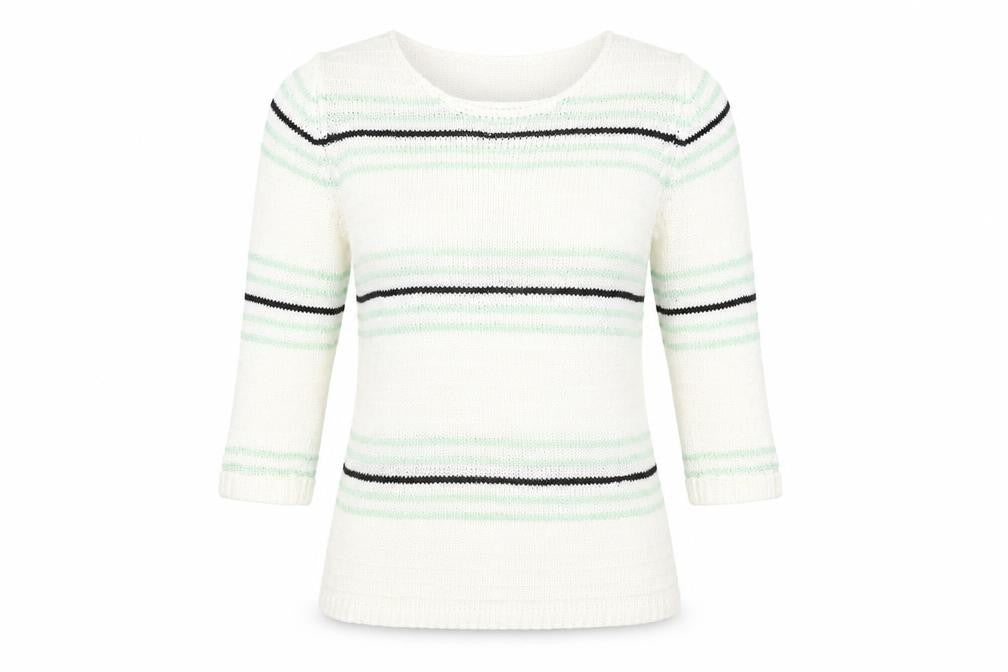 Front view of Marbel women’s white striped pullover sweatshirt, size L