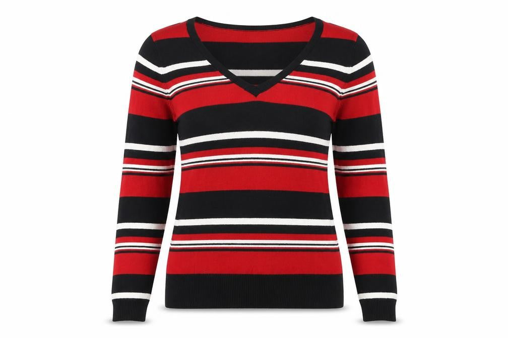 Front view of F&F women’s red striped pullover sweatshirt, size UK 8