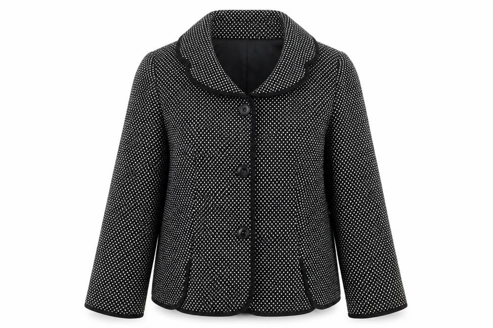 Front view of Penny plain women’s black polka dot jacket coat, size UK 10