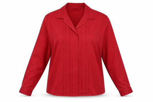 Front view of Marks & Spencer women’s red basic button-up, size UK 14