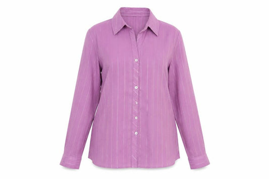 Front view of Bonmarché women’s purple striped basic button-up, size UK 14