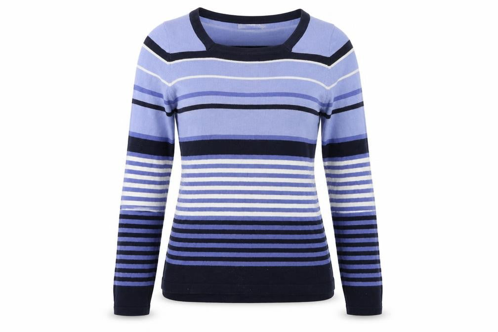 Front view of EWM women’s blue striped jumper, size S