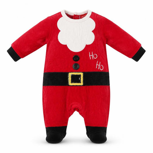 Front view of Santas little Helper boys’ red romper one-piece, size 3-6, months - santa suit