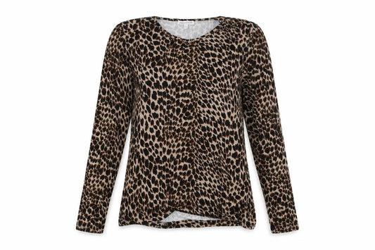 Front view of Warehouse women’s brown animal print basic blouse, size UK 12