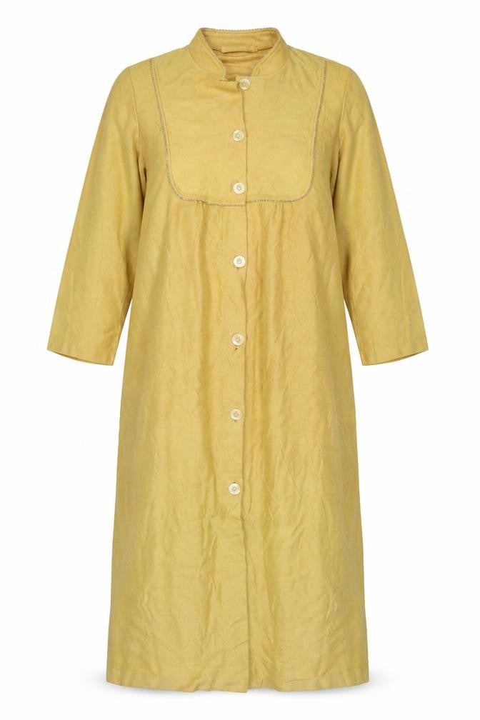 Front view of Preworn women’s yellow overcoat jacket, size UK 16
