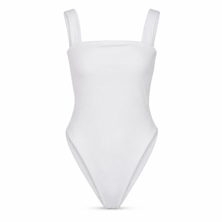 Front view of Boohoo women’s white bodysuit one-piece, size UK 12