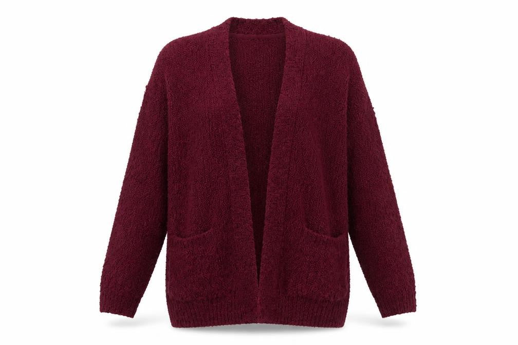 Front view of ISLE women’s purple jacket coatigan, size S