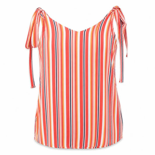 Front view of Matalan women’s red striped basic t-shirt, size UK 8, - long