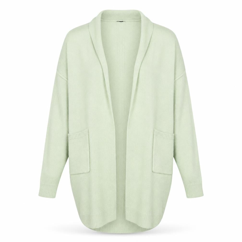 Front view of m lounge women’s green knit cardigan jumper, size M