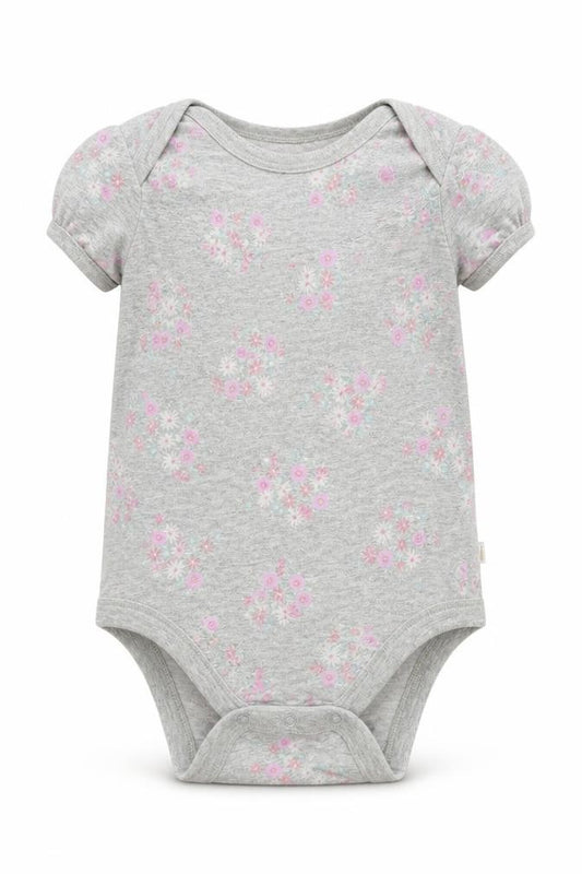 Front view of Gap girls’ grey floral jersey babygrow one-piece, size 18-24, months