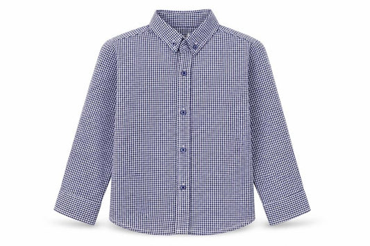 Front view of Rebel girls’ blue check basic button-up, size 4-5, years