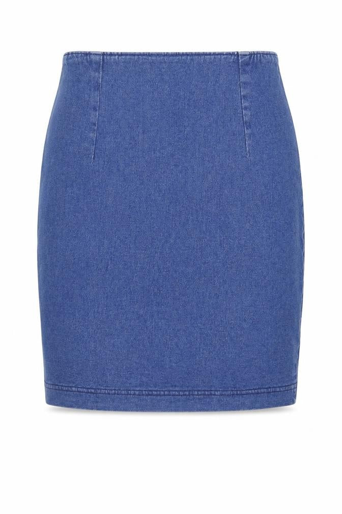 Front view of Preworn women’s blue denim mini skirt, size UK 26, in