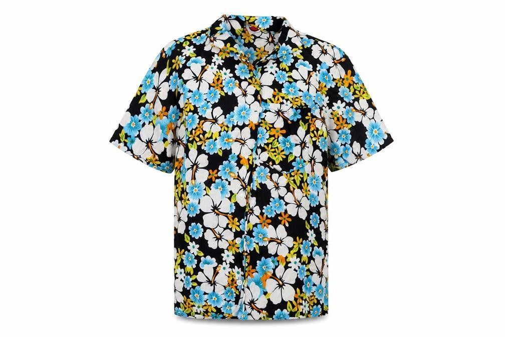 Front view of Casual Corner men’s blue floral button-up, size S