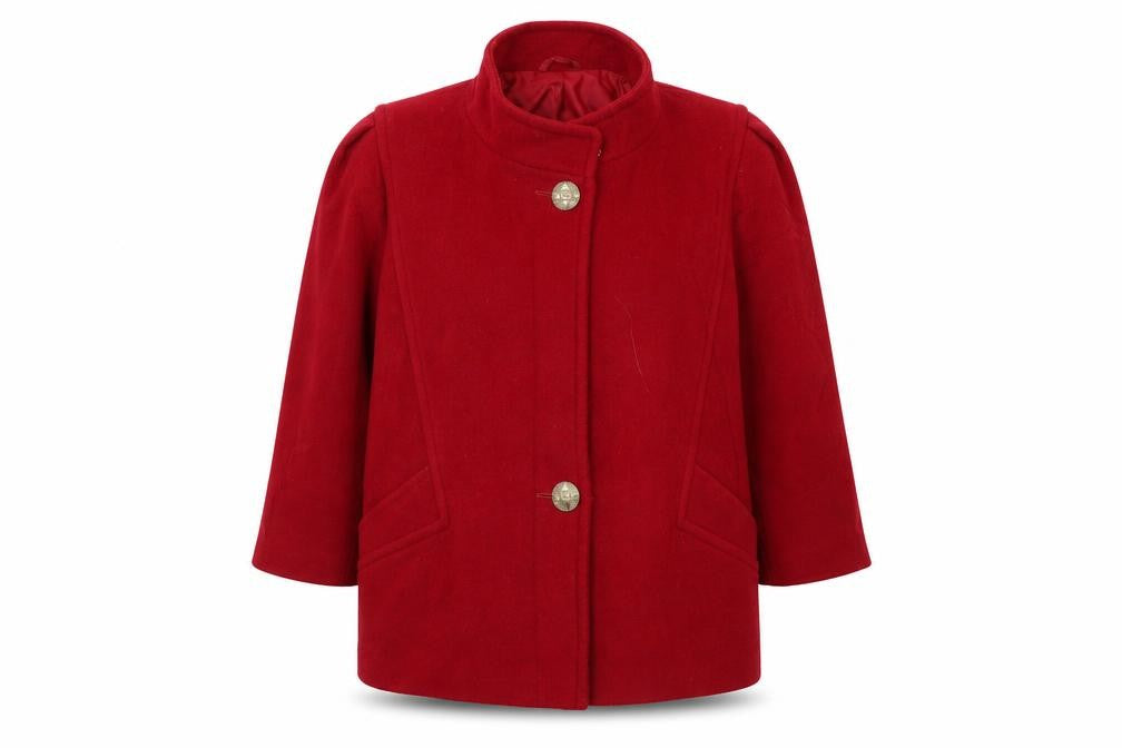 Front view of Preworn women’s red overcoat coat, size UK 14